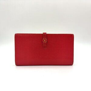 Chanel Coco Button Bifold Leather Red Wallet Gold